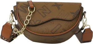 Crossbody Fanny Pack for Women Retro Letter Print Chest Waist Bag with Wide Strap Adjustable Belt Bag (Brown Letter)