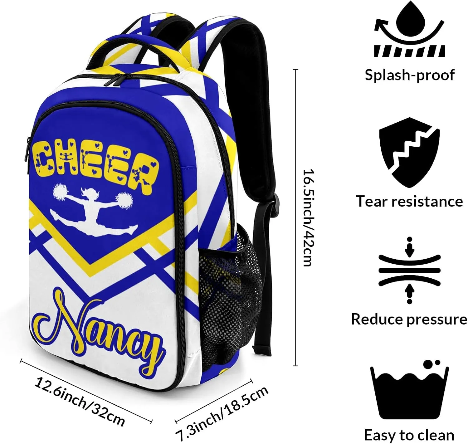 Custom Cheerleaders Backpack Casual Bag Daypack for Women Men Camping Hiking Cheer Pom Blue Gold Yellow