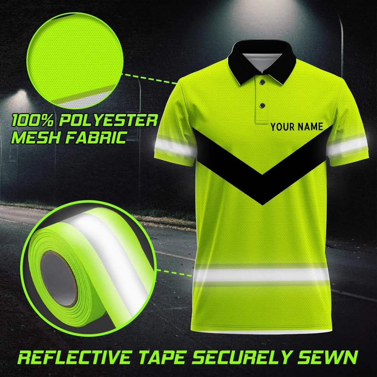 Custom Hi Vis Polo Uniform, Funny Work Shirts Reflective Hi Viz Safety Shirts Short Sleeve Company Polo Shirt