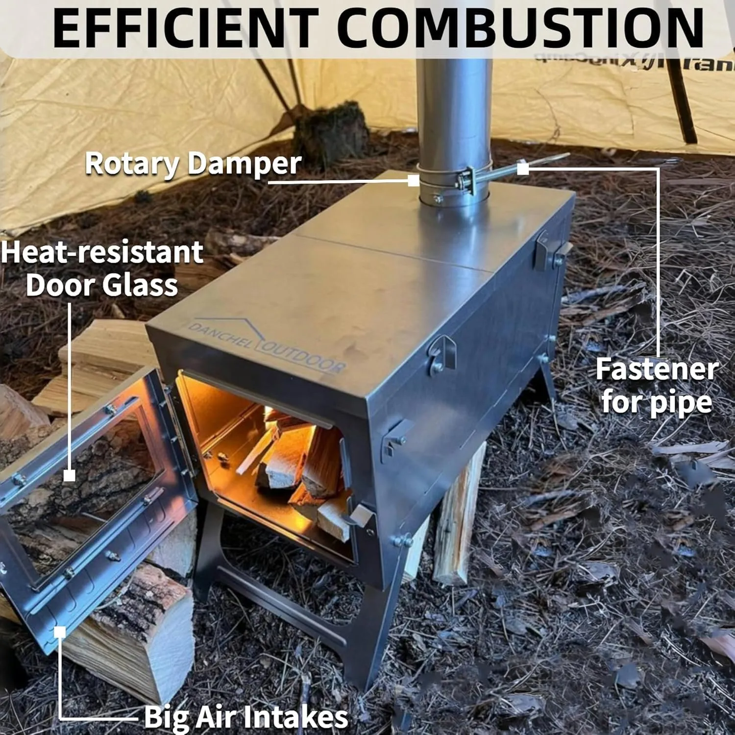DANCHEL OUTDOOR S6/SSG Folding Camping Stove, 304 Stainless Steel Wood Burning Stove with 7.2ft Chimney, Portable Hot Tent Stove Solo Camping Survival Backpacking, Lightweight & Compact Design