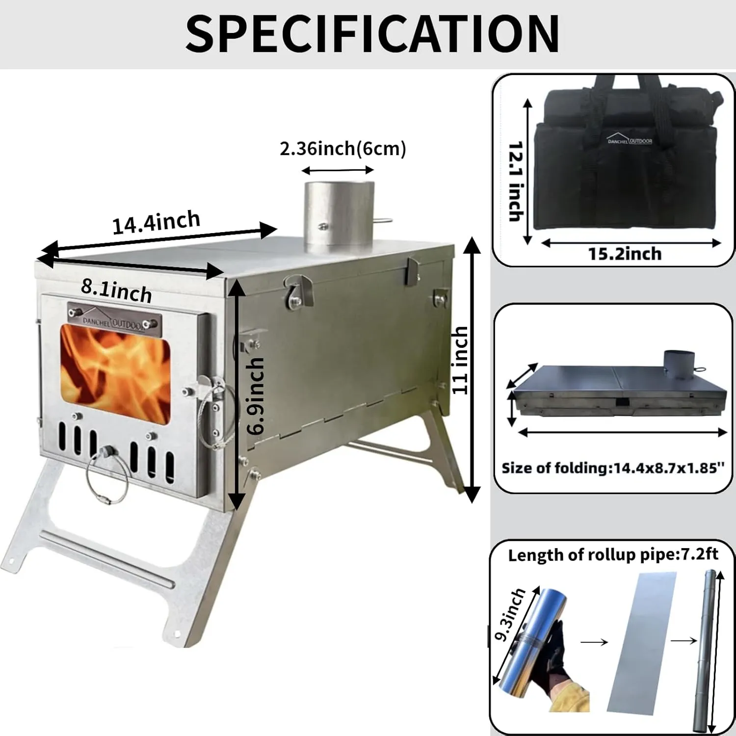 DANCHEL OUTDOOR S6/SSG Folding Camping Stove, 304 Stainless Steel Wood Burning Stove with 7.2ft Chimney, Portable Hot Tent Stove Solo Camping Survival Backpacking, Lightweight & Compact Design