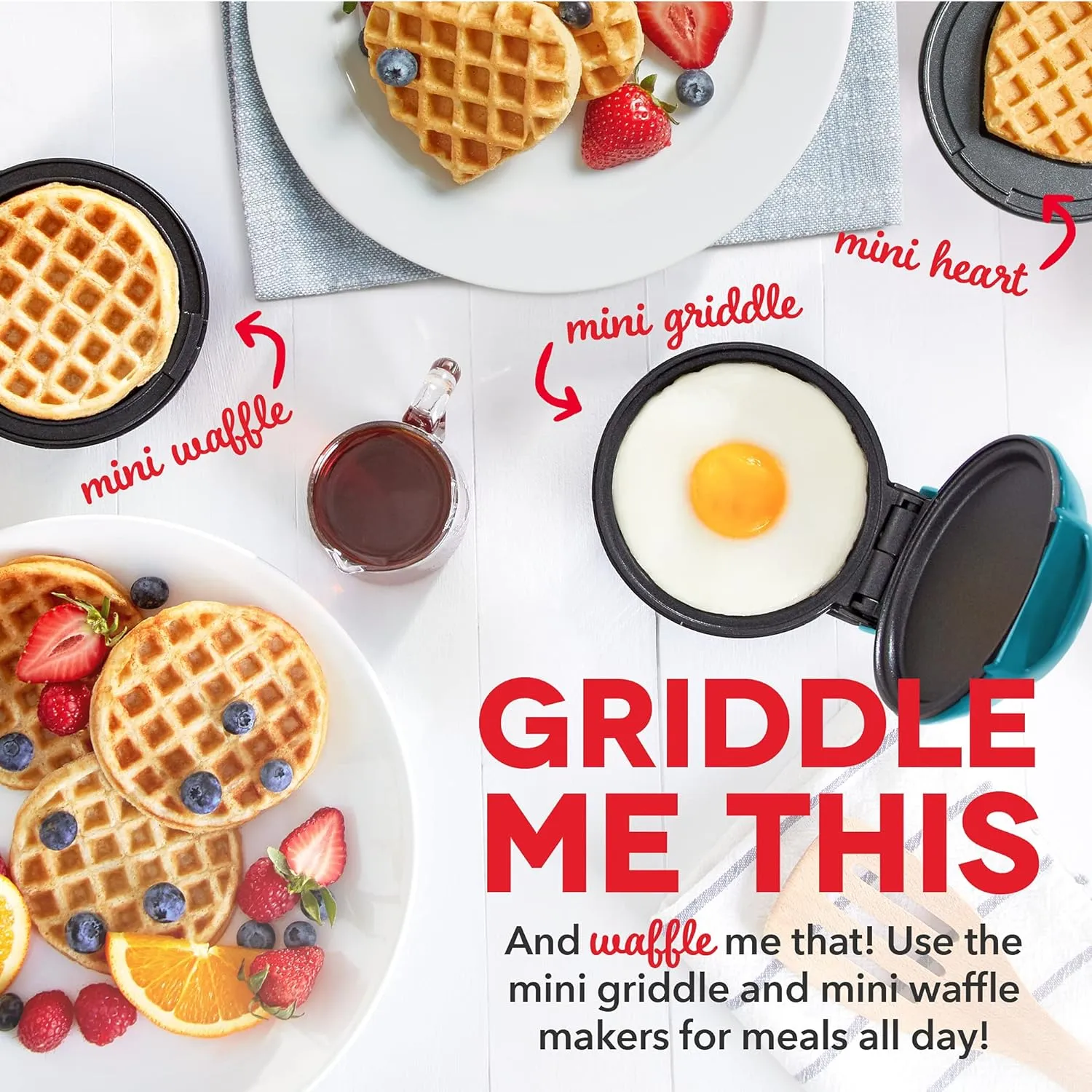 DASH Mini Maker 3-Pack Gift Set, Mini Waffle Maker   Mini Heart-Shaped Waffle Maker   Mini Maker Griddle