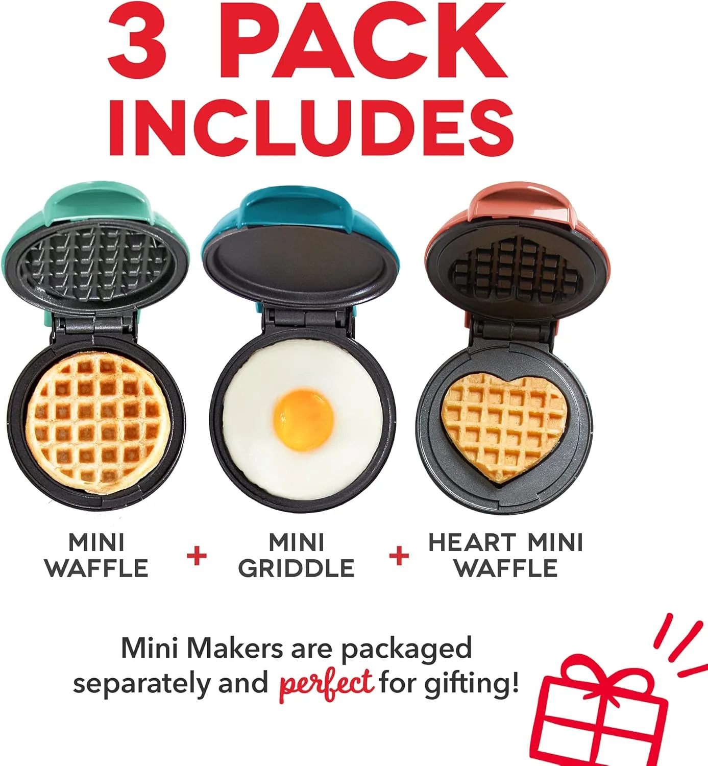 DASH Mini Maker 3-Pack Gift Set, Mini Waffle Maker   Mini Heart-Shaped Waffle Maker   Mini Maker Griddle