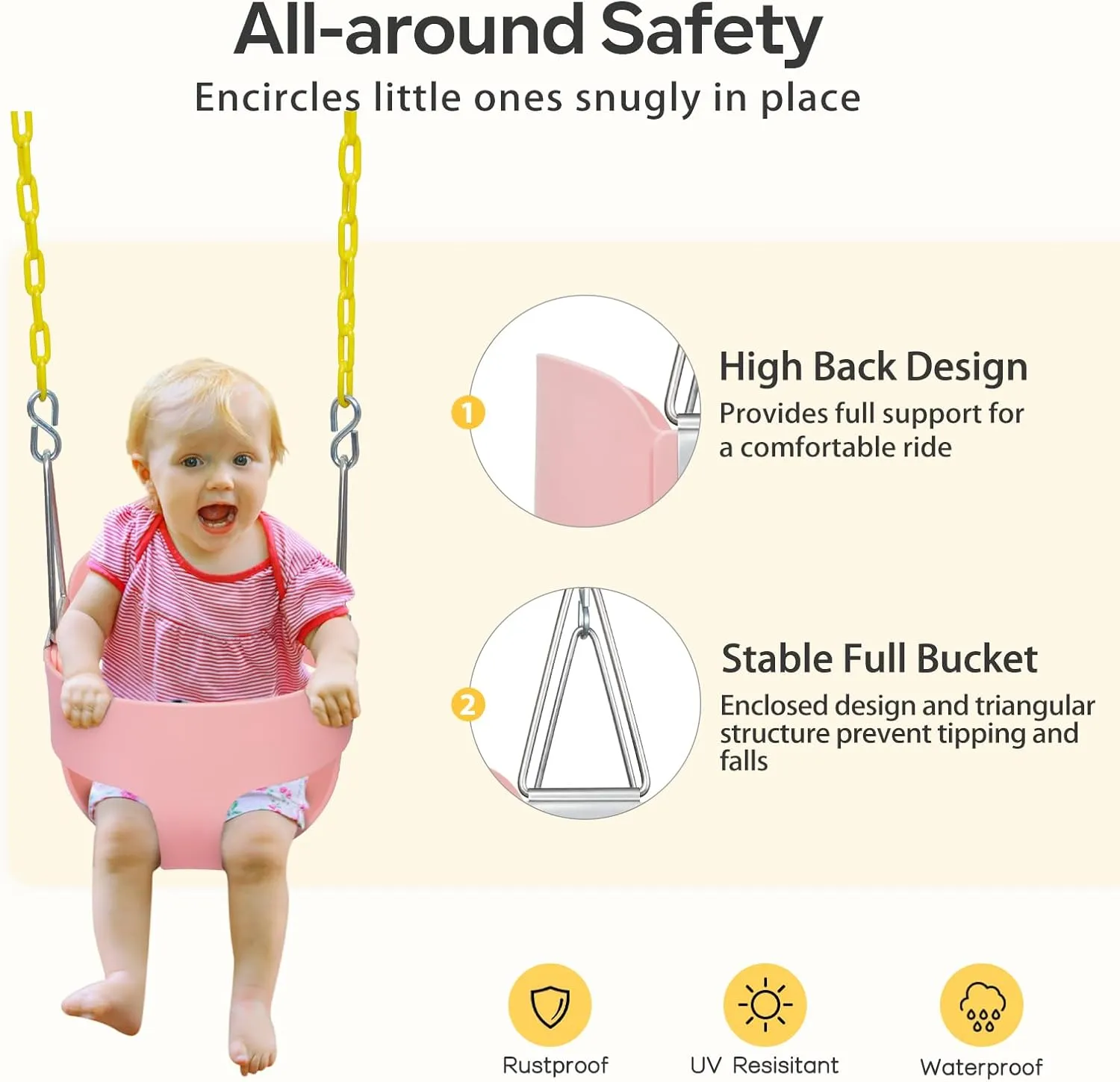 DECORLIFE Toddler Swing - High Back Full Bucket Seat for Ages 1-3, 330lb Capacity, Baby infant Swing Outdoor with Safety Design, Plastic-Coated Chains, Carabiners for Backyard, Playground, Garden-Pink