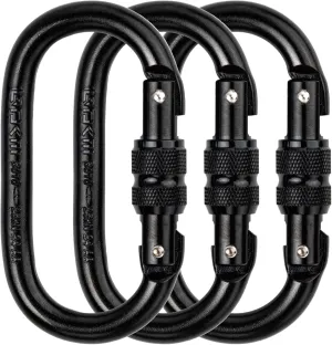 Defender CE Certified 25kN Screwgate Locking Carabiner in Size 4.21 x 2.24 inch, Heavy-Duty Carabiners for Climbing, Rappelling, and Mountaineering, Carbon Steel, Midnight Black, 3 Pack