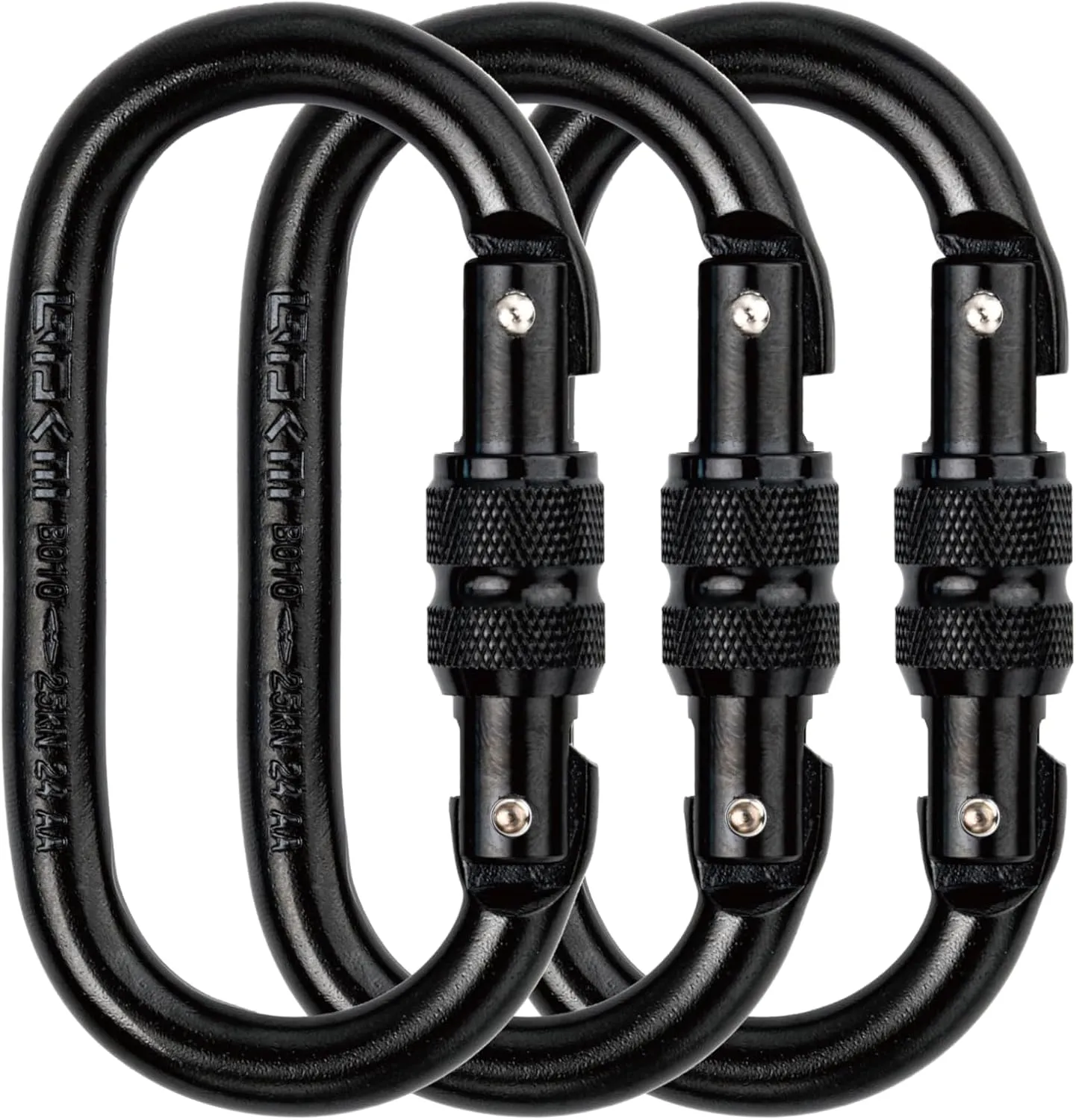 Defender CE Certified 25kN Screwgate Locking Carabiner in Size 4.21 x 2.24 inch, Heavy-Duty Carabiners for Climbing, Rappelling, and Mountaineering, Carbon Steel, Midnight Black, 3 Pack