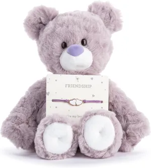 DEMDACO Beary Charmings 8 Inch Stuffed Plush Animal Bear and Adjustable Charm Bracelet 2 Piece Set Purple and White Friendship