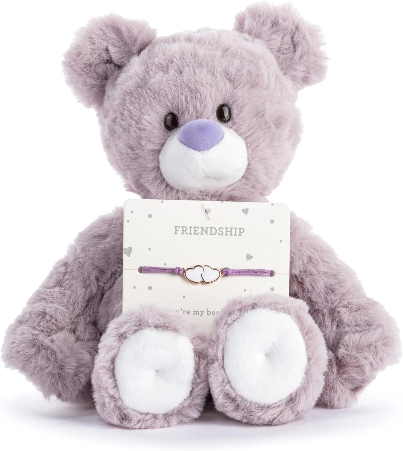 DEMDACO Beary Charmings 8 Inch Stuffed Plush Animal Bear and Adjustable Charm Bracelet 2 Piece Set Purple and White Friendship