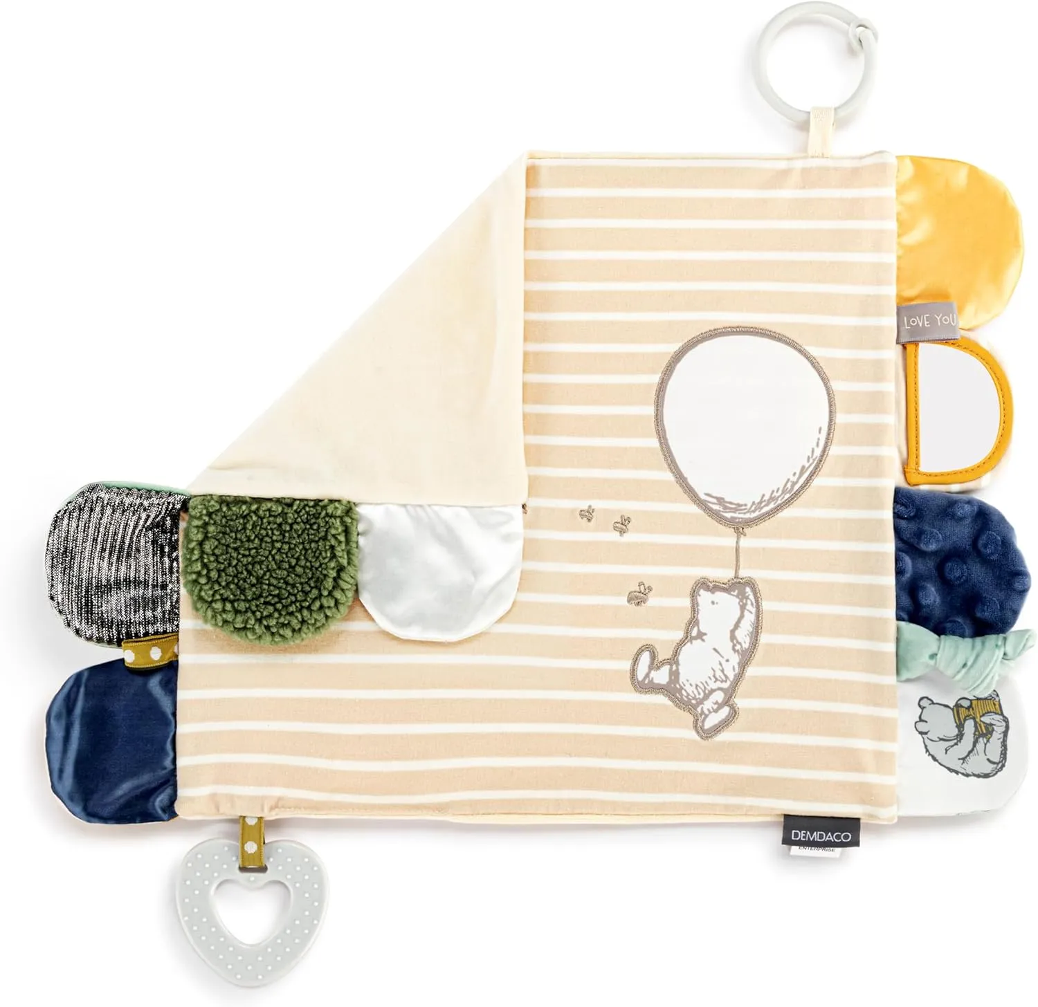 DEMDACO Mommy & Me Neutral Color, 17 x 11.5 Inch Textured Fabric, Teething Ring, Stroller Clip-on, Activity Blanket, Blankie, Tan and White, Pooh Classic Yellow Bear