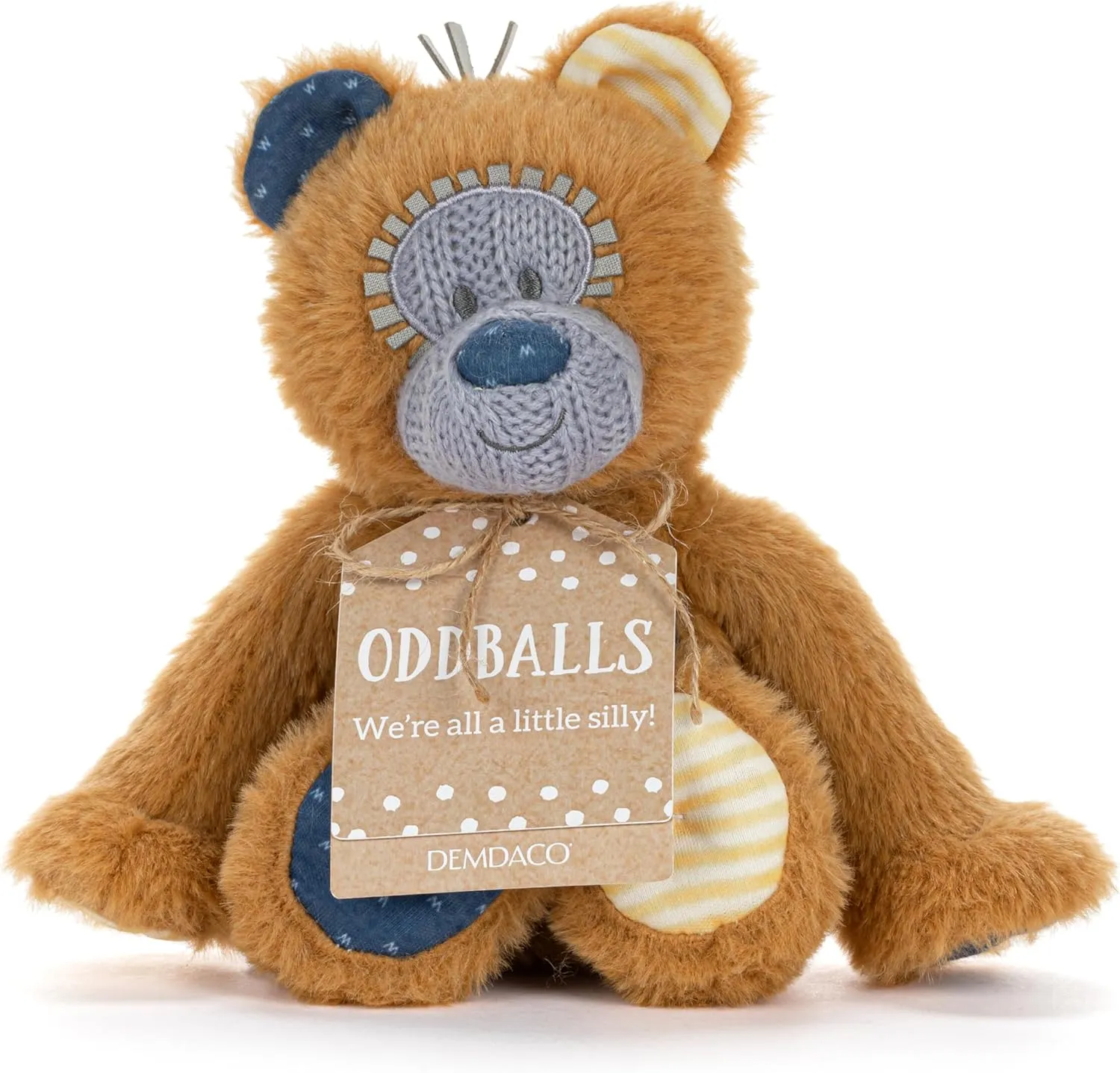 DEMDACO Oddball 8 x 6.5 Inch Polyester Soft Cuddly, Huggable, Toy, Plush Stuffed Animal, Brown and Blue, Bear