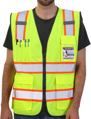 Dib Safety Reflective Vest High Visibility Two Tone with Pockets and Zipper, ANSI Class 2 Compliant, Yellow with Orange Trim 3XL