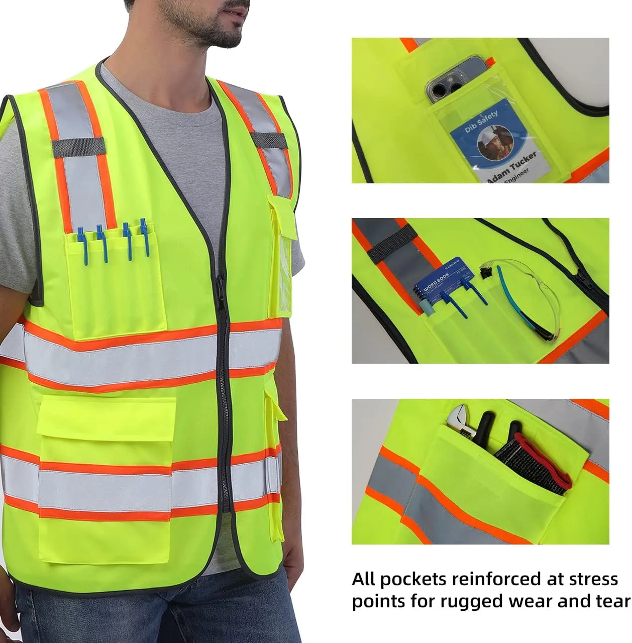 Dib Safety Reflective Vest High Visibility Two Tone with Pockets and Zipper, ANSI Class 2 Compliant, Yellow with Orange Trim 3XL