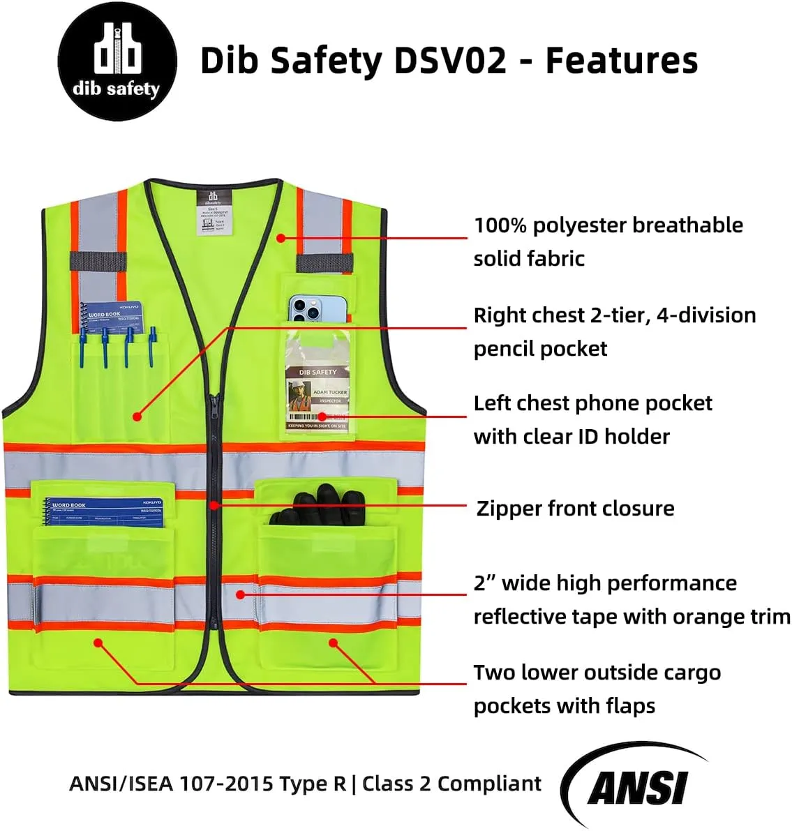 Dib Safety Reflective Vest High Visibility Two Tone with Pockets and Zipper, ANSI Class 2 Compliant, Yellow with Orange Trim 3XL