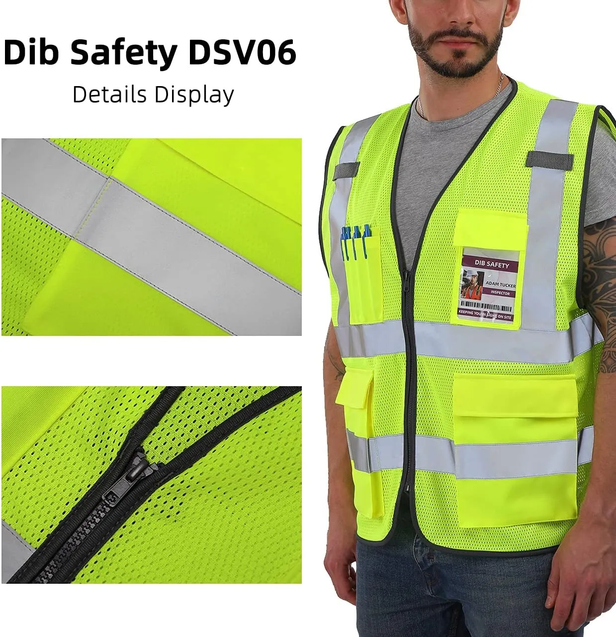 Dib Safety Reflective Vest Mesh, High Visibility Vest with Pockets and Zipper, Construction Work Vest ANSI Class 2, Yellow Mesh XL