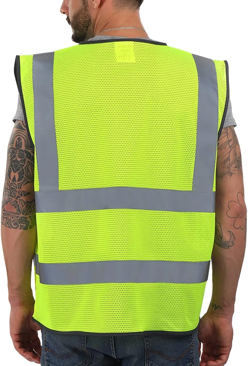 Dib Safety Reflective Vest Mesh, High Visibility Vest with Pockets and Zipper, Construction Work Vest ANSI Class 2, Yellow Mesh XL
