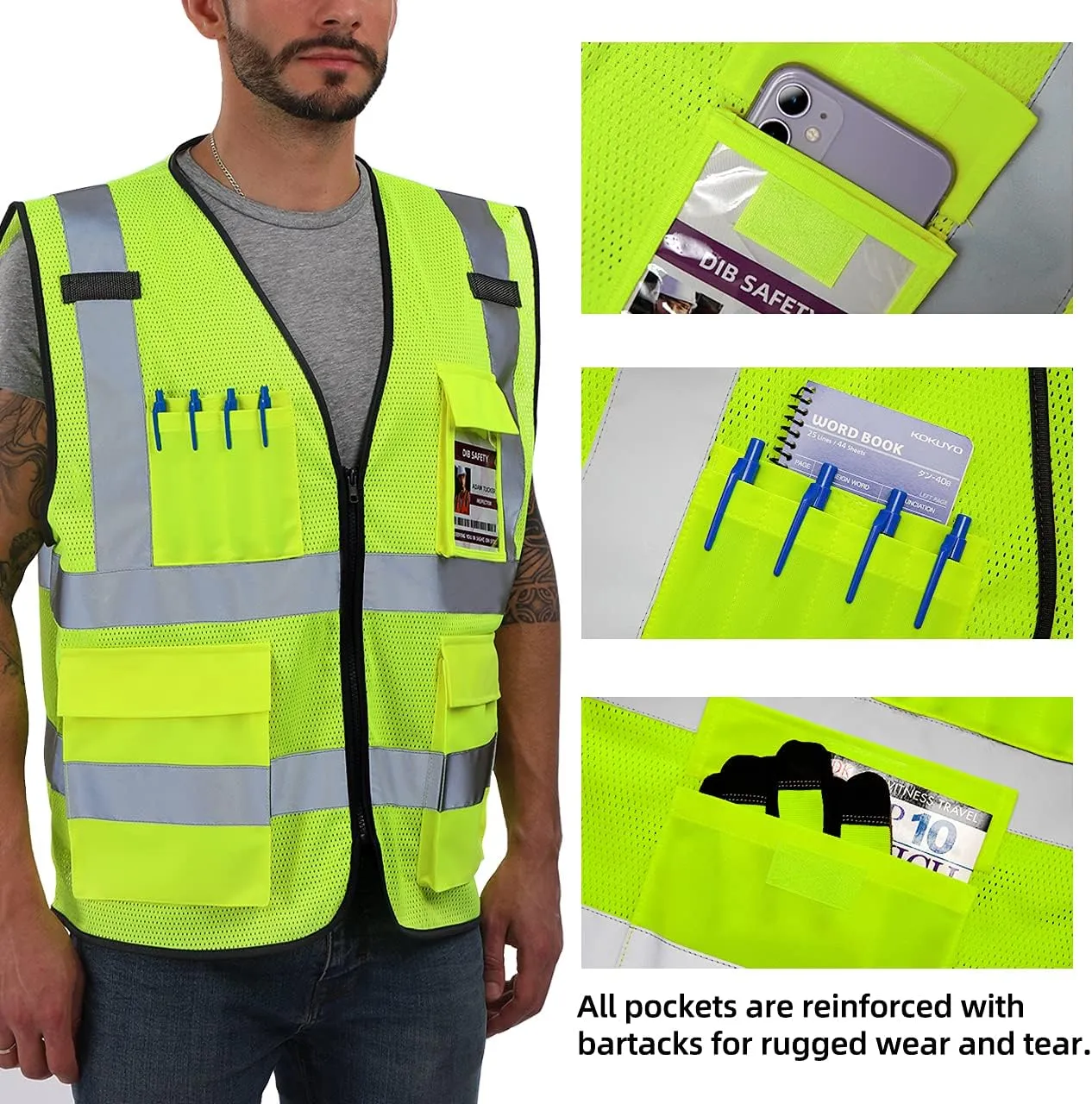 Dib Safety Reflective Vest Mesh, High Visibility Vest with Pockets and Zipper, Construction Work Vest ANSI Class 2, Yellow Mesh XL