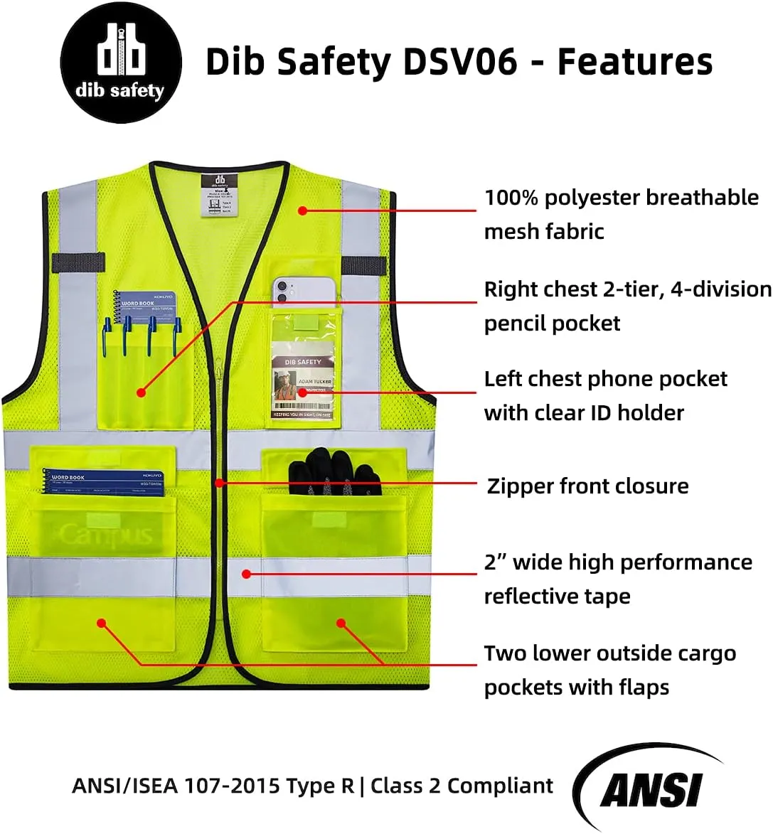 Dib Safety Reflective Vest Mesh, High Visibility Vest with Pockets and Zipper, Construction Work Vest ANSI Class 2, Yellow Mesh XL