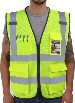 Dib Safety Reflective Vest Mesh, High Visibility Vest with Pockets and Zipper, Construction Work Vest ANSI Class 2, Yellow Mesh XL