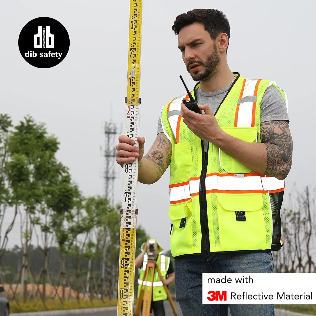 Dib Safety Vest Reflective Yellow Mesh, High Visibility Vest with Pockets and Zipper, ANSI Class 2 Heavy Duty, Made with 3M Reflective Tape L