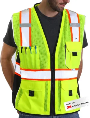 Dib Safety Vest Reflective Yellow Mesh, High Visibility Vest with Pockets and Zipper, ANSI Class 2 Heavy Duty, Made with 3M Reflective Tape L