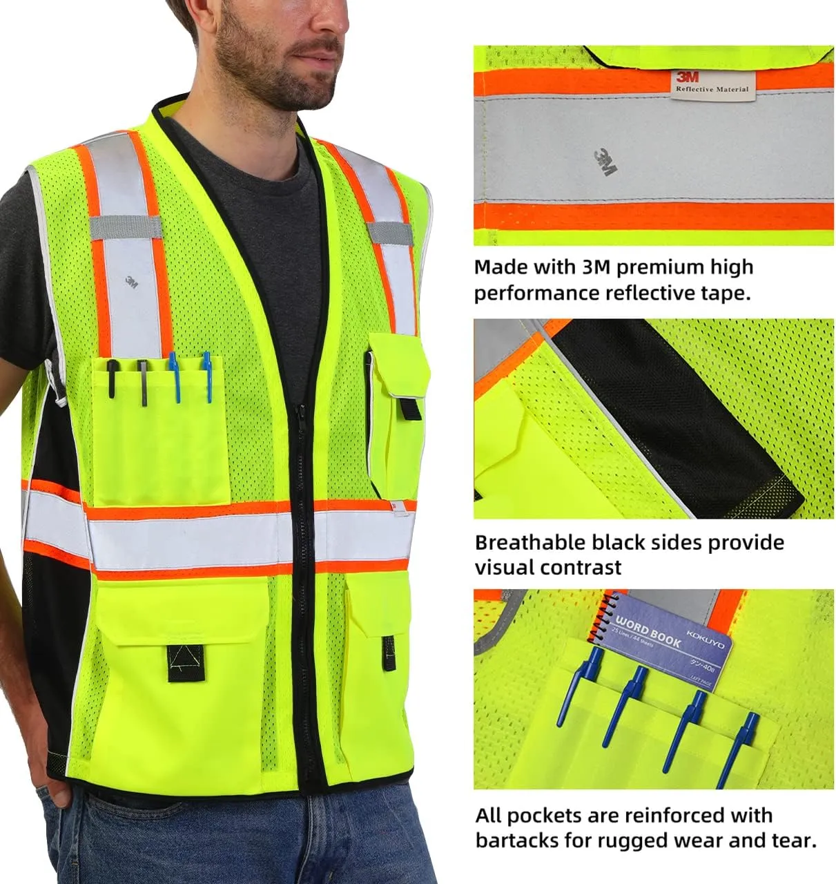 Dib Safety Vest Reflective Yellow Mesh, High Visibility Vest with Pockets and Zipper, ANSI Class 2 Heavy Duty, Made with 3M Reflective Tape L