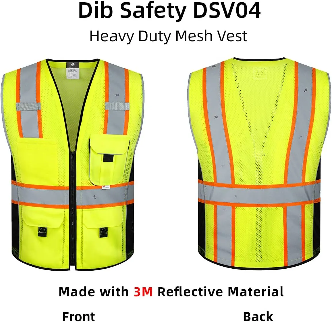 Dib Safety Vest Reflective Yellow Mesh, High Visibility Vest with Pockets and Zipper, ANSI Class 2 Heavy Duty, Made with 3M Reflective Tape L