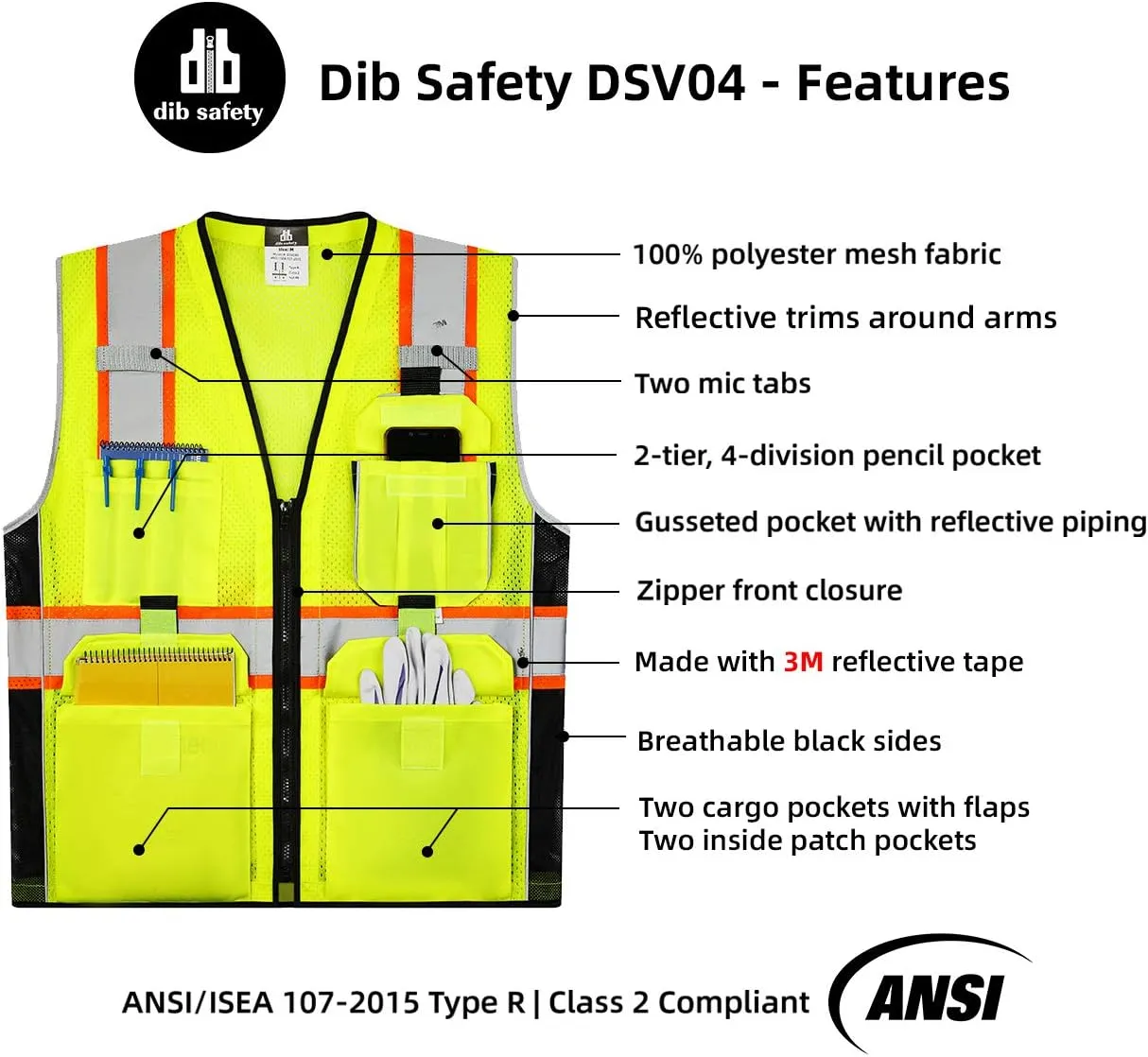 Dib Safety Vest Reflective Yellow Mesh, High Visibility Vest with Pockets and Zipper, ANSI Class 2 Heavy Duty, Made with 3M Reflective Tape L