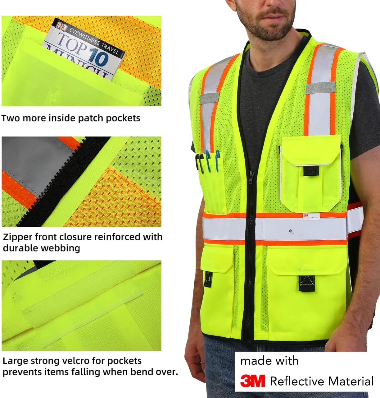 Dib Safety Vest Reflective Yellow Mesh, High Visibility Vest with Pockets and Zipper, ANSI Class 2 Heavy Duty, Made with 3M Reflective Tape L