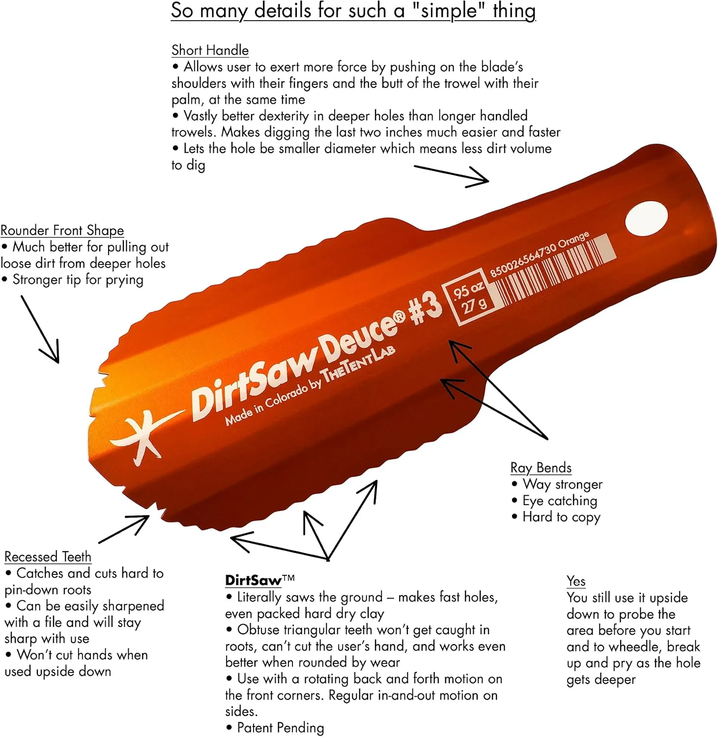 DirtSaw® Deuce #3 - .97 oz Ultralight Backpacking Trowel, Color: madeinUS–RED