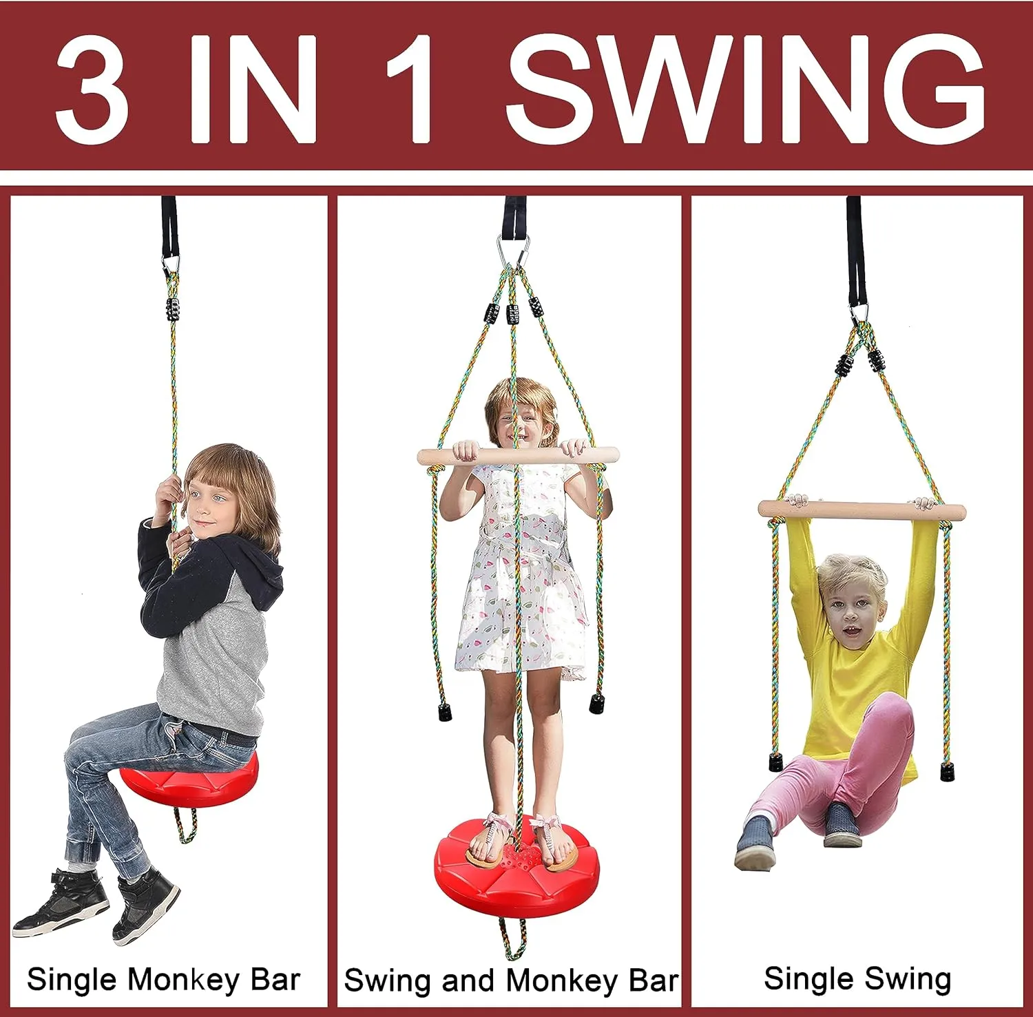 Disc Swing for kids Tree Swing Set Accessories Rope Swing Adjustable Swing Set with Monkey Bars 1 Carabiner 2 Added Hanging Straps 3IN1 Heavy Duty Swingset for Zipline Outdoor Backyard Playground Red