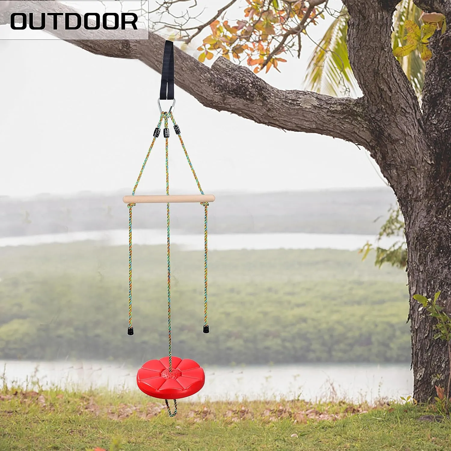 Disc Swing for kids Tree Swing Set Accessories Rope Swing Adjustable Swing Set with Monkey Bars 1 Carabiner 2 Added Hanging Straps 3IN1 Heavy Duty Swingset for Zipline Outdoor Backyard Playground Red