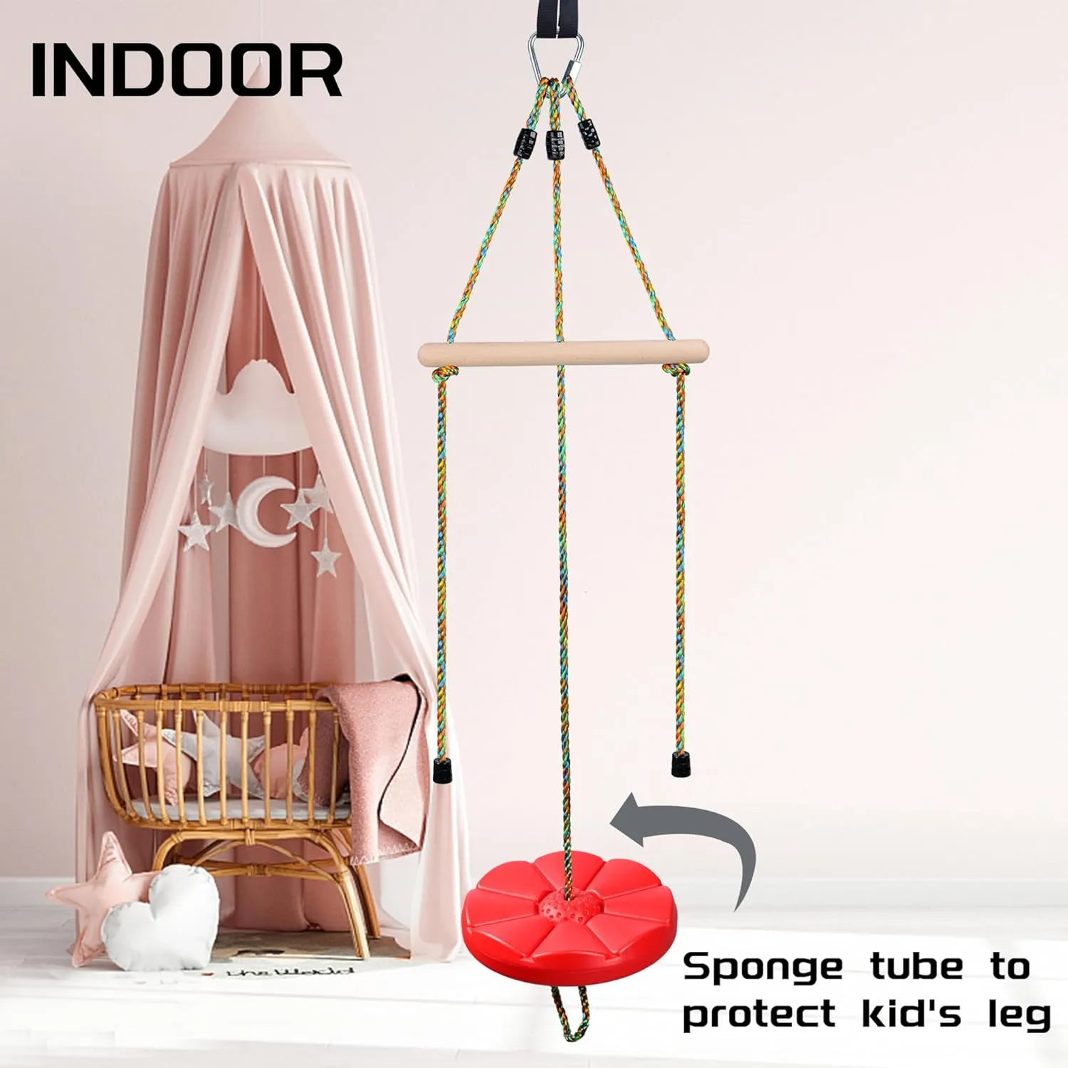 Disc Swing for kids Tree Swing Set Accessories Rope Swing Adjustable Swing Set with Monkey Bars 1 Carabiner 2 Added Hanging Straps 3IN1 Heavy Duty Swingset for Zipline Outdoor Backyard Playground Red