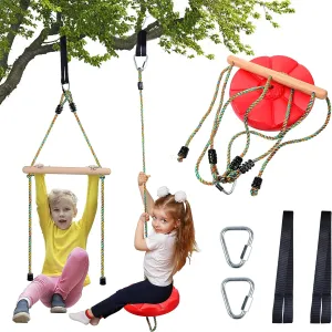 Disc Swing for kids Tree Swing Set Accessories Rope Swing Adjustable Swing Set with Monkey Bars 1 Carabiner 2 Added Hanging Straps 3IN1 Heavy Duty Swingset for Zipline Outdoor Backyard Playground Red