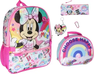 Disney Minnie Mouse Choose Happy 5pc Set Backpack Lunch Box Key Chain Pencil Case Carabiner