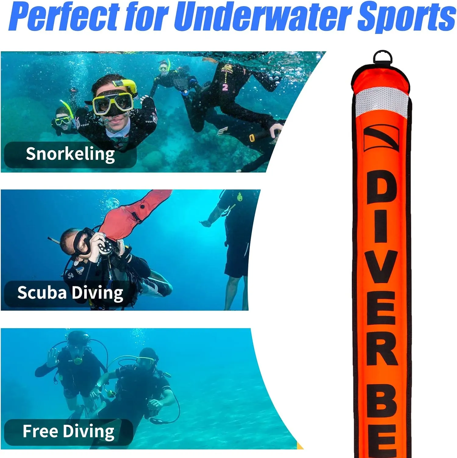 Diving SMB Surface Marker Buoy, High Visibility Inflatable Scuba Signal Tube with Reflective Strip, Safety Sausage Surface Signal Marker Buoy Float for Underwater Diving Snorkeling