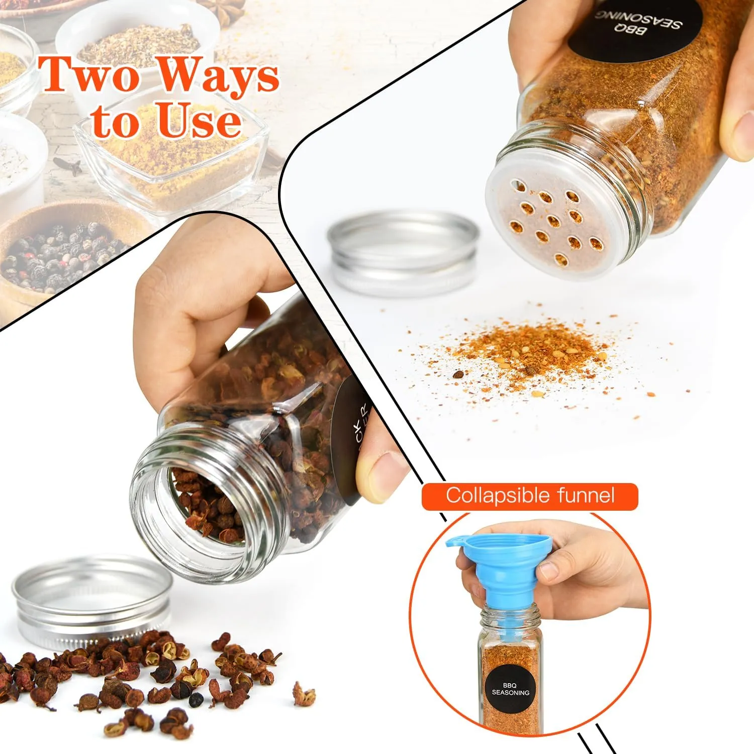 DkOvn 48pcs Glass Spice Jars, 4oz Empty Spice Jars with Metal Caps, Labels, Shaker Lids, Collapsible Funnel, Chalk Pen, Seasoning Organizer for Spice Rack(48pcs 4oz Set)