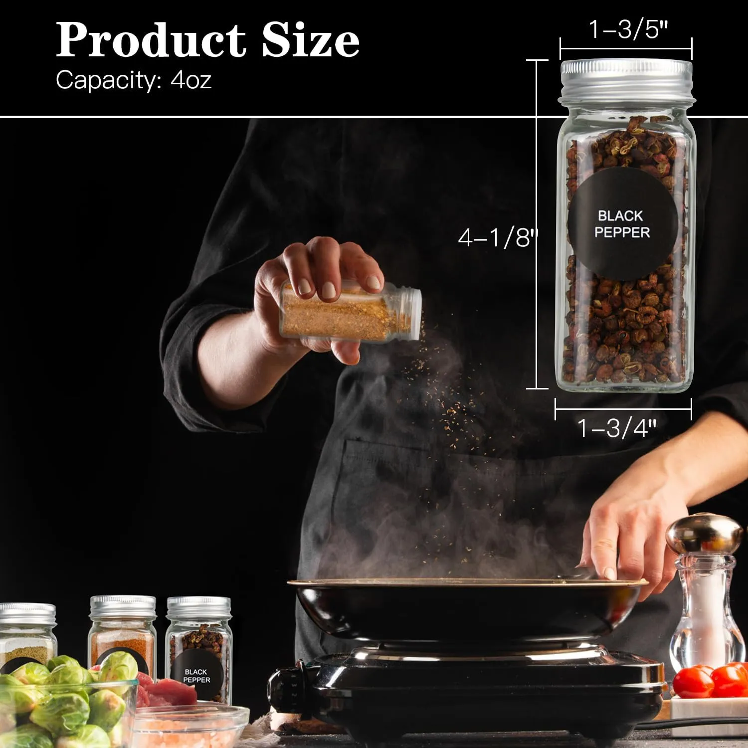 DkOvn 48pcs Glass Spice Jars, 4oz Empty Spice Jars with Metal Caps, Labels, Shaker Lids, Collapsible Funnel, Chalk Pen, Seasoning Organizer for Spice Rack(48pcs 4oz Set)
