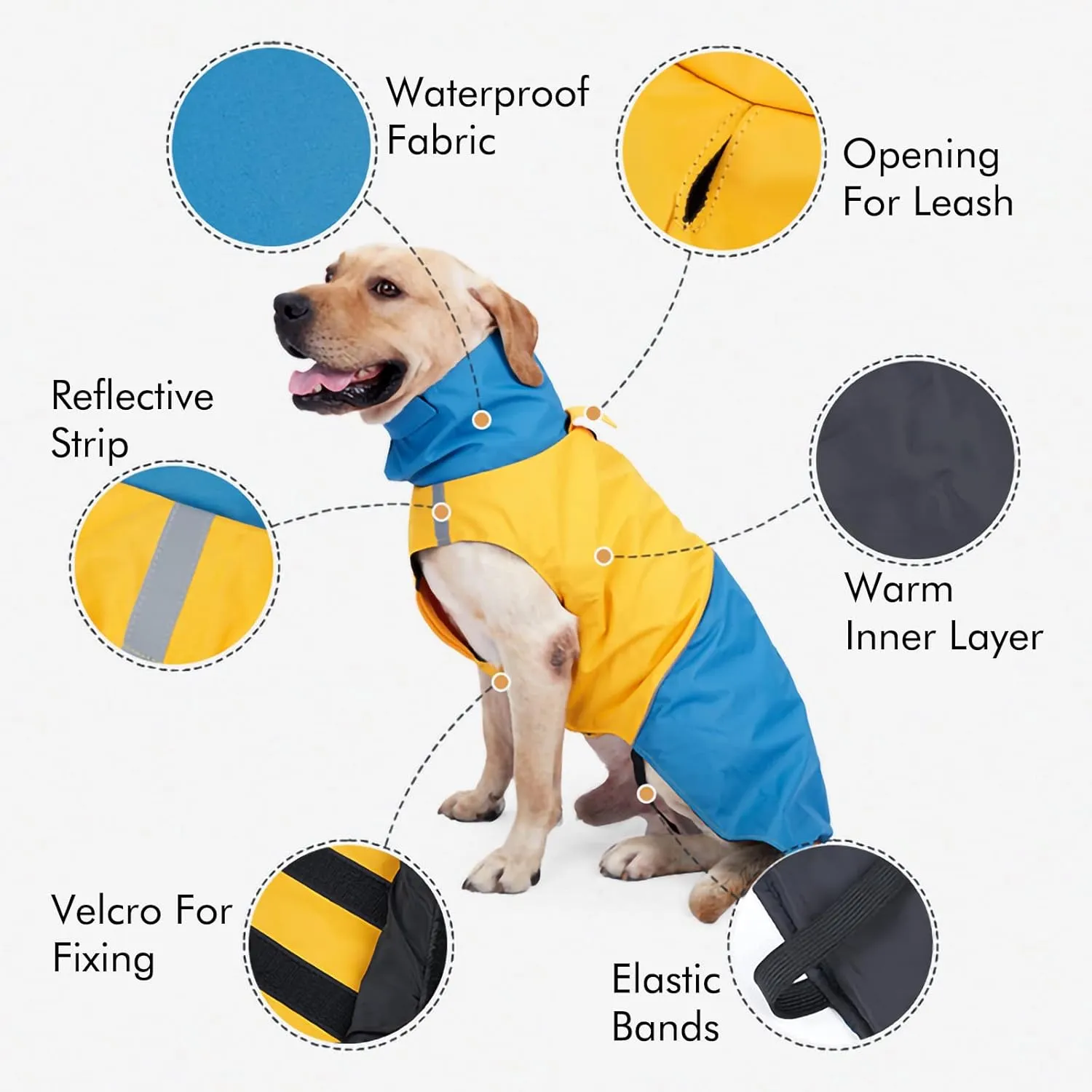 Dog Winter Coat, X-Small, Blue Yellow, Waterproof, High-Collar, Reflective Strip, Leash Hole, Polyester