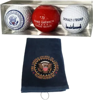 Donald Trump Commemorative Golf Ball Set and Presidential Golf Towel – Includes Signature, Red, Presidential Seal Balls, and Navy Blue Towel with Great Seal – Limited Edition Collectible