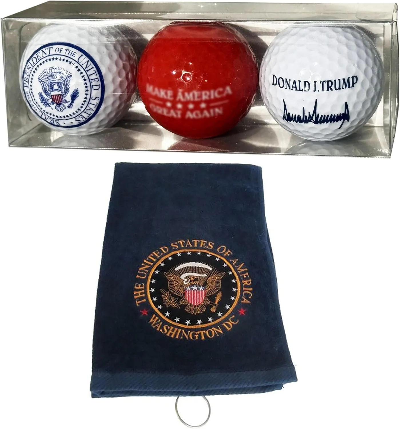 Donald Trump Commemorative Golf Ball Set and Presidential Golf Towel – Includes Signature, Red, Presidential Seal Balls, and Navy Blue Towel with Great Seal – Limited Edition Collectible