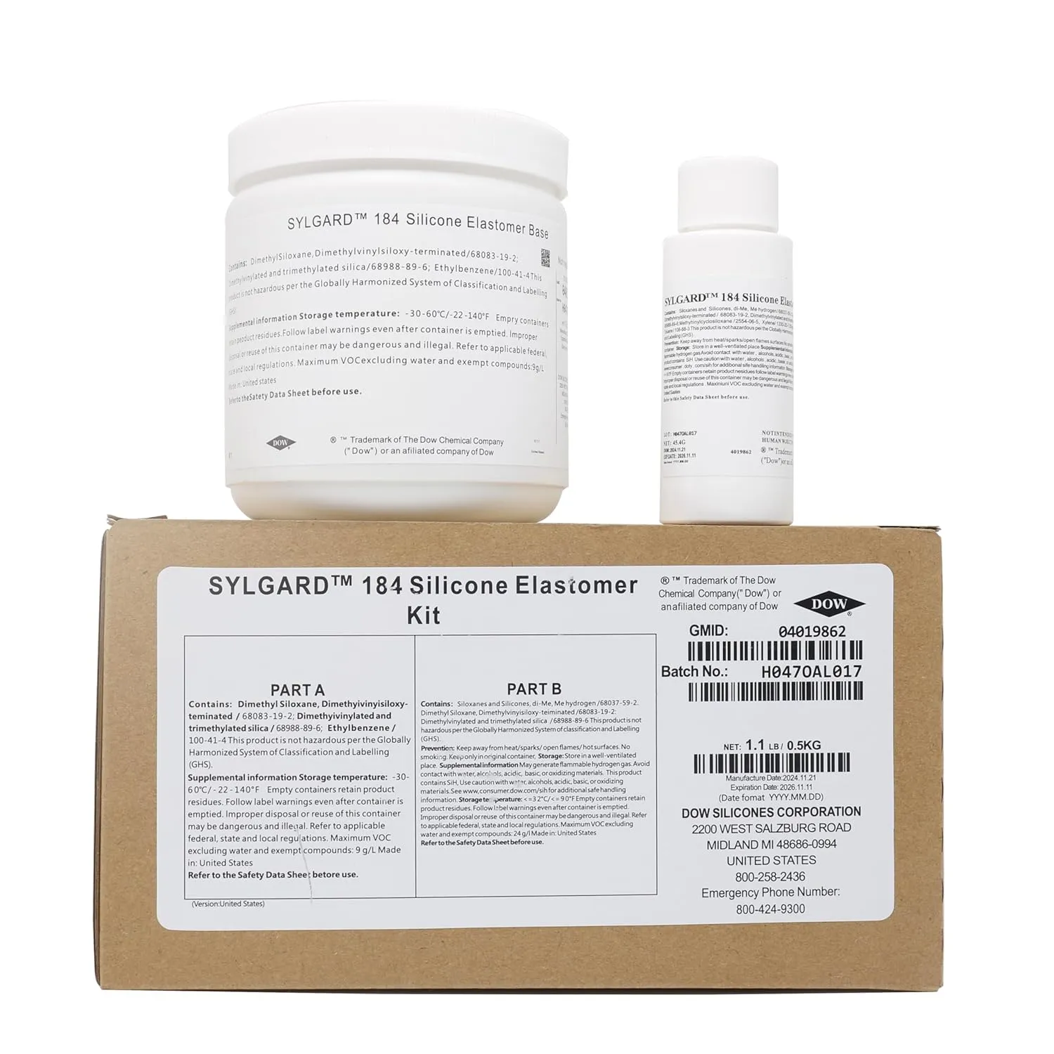 Dowsil SYLGARD 184 (Form Dow Corning) Silicone Elastomer Kit Base A   Curing Agent Solidifier B for Electrical Component Battery Board Assembly Room Temperature RT Heat Cure(1.1 lb = A 450g   B 45g)