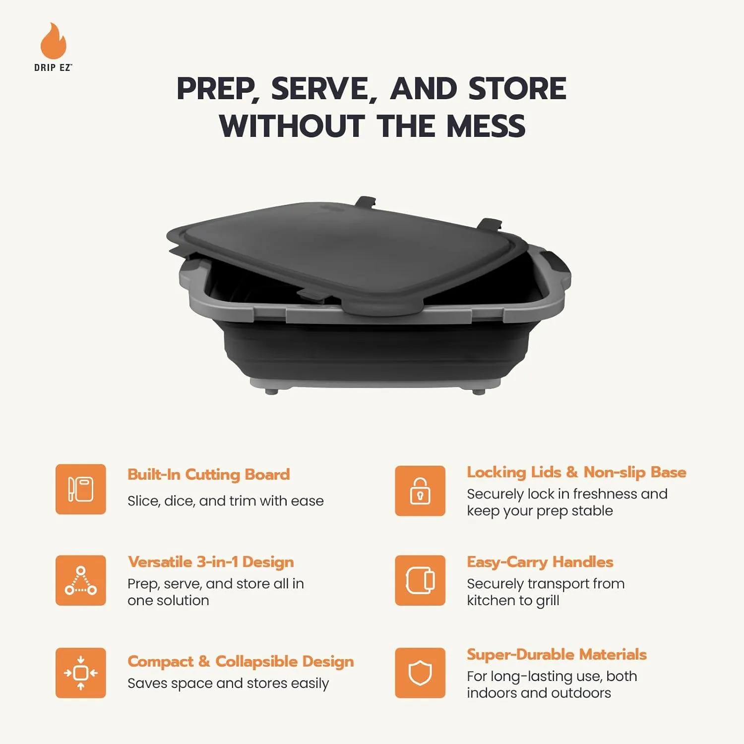 Drip EZ Collapsible BBQ Prep Tubs 2-Piece Set- For Meal Prep Marinating Food Storage - Includes Cutting Board & Lid - (1) OG   (1) XL - Black
