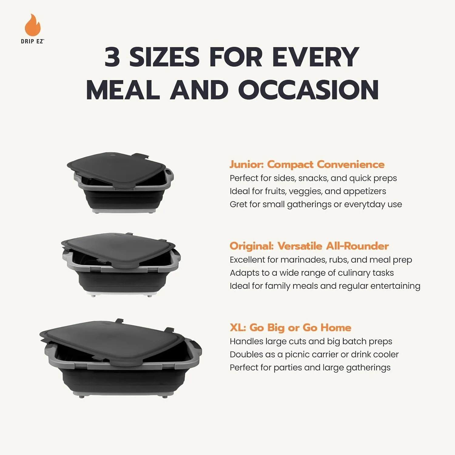 Drip EZ Collapsible BBQ Prep Tubs 2-Piece Set- For Meal Prep Marinating Food Storage - Includes Cutting Board & Lid - (1) OG   (1) XL - Black