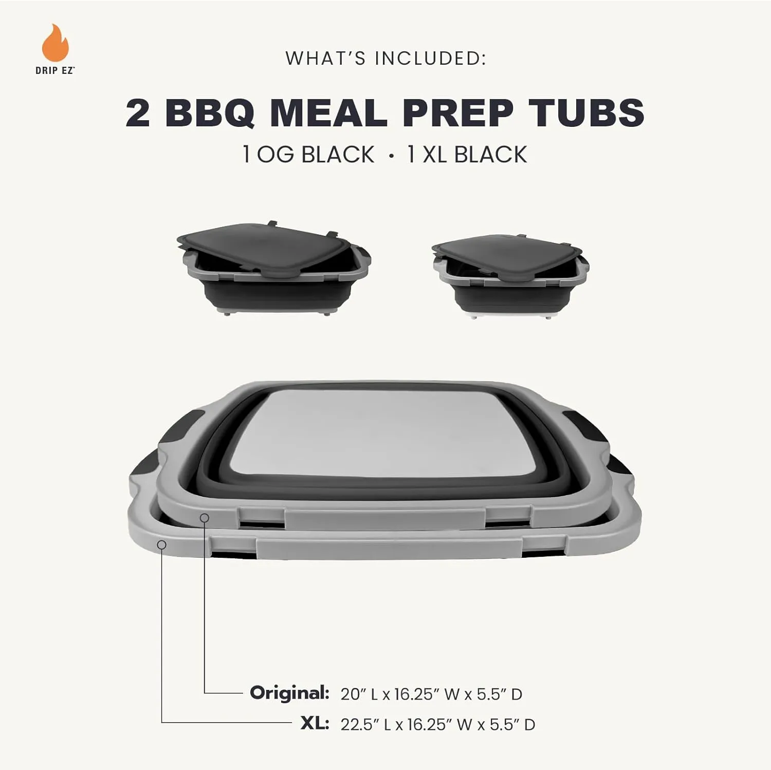 Drip EZ Collapsible BBQ Prep Tubs 2-Piece Set- For Meal Prep Marinating Food Storage - Includes Cutting Board & Lid - (1) OG   (1) XL - Black