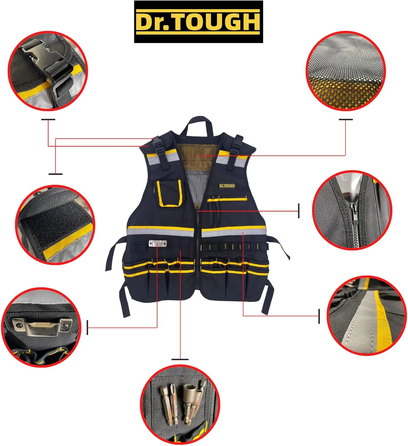 Dr.TOUGH Work Vest for Men Reflective Vest Black Safety Vest for Men Tool Vest For Carpenters Electrician