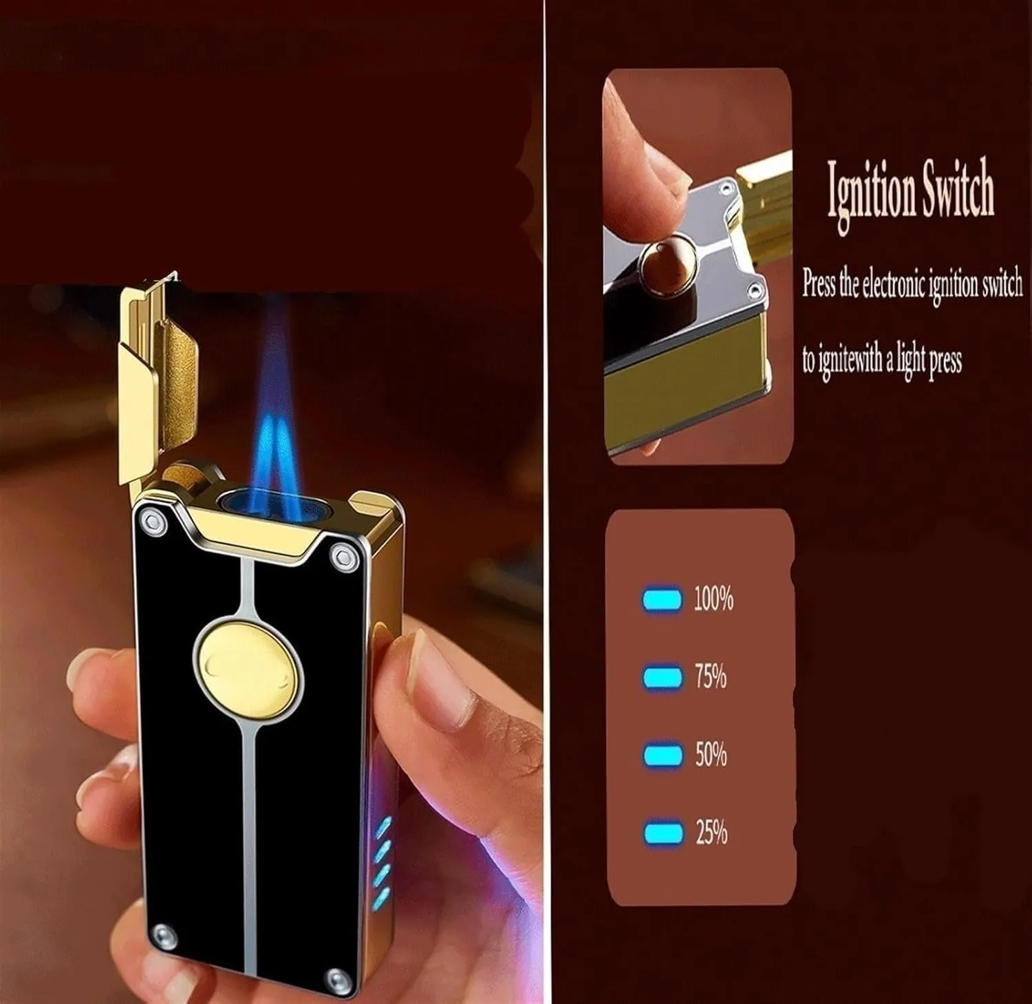 Dual-fire Butane Lighter, one-Button Ignition, Adjustable Fuel Filling, Windproof Jet Lighter, Suitable for Outdoor Fishing and Campfires (Fuel not Included)(Black)
