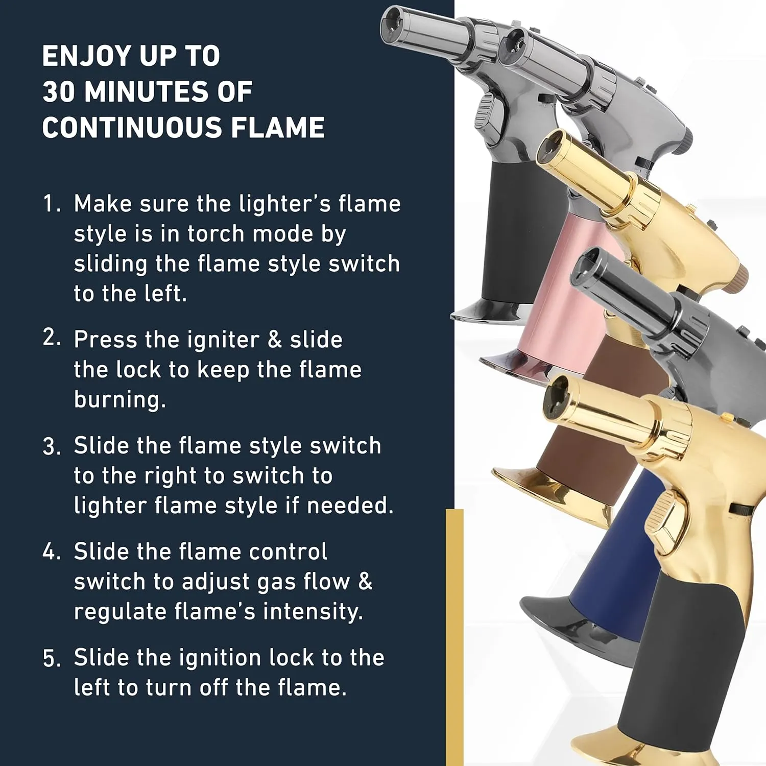 Dual Flame Butane Torch Gun - Refillable Luxury Hand Held Mini Blow Torch for Cooking, Creme Brulee, Soldering, Welding, & Resin Art - Adjustable Flame with Ignition Lock - Steel Blue by inZaynity