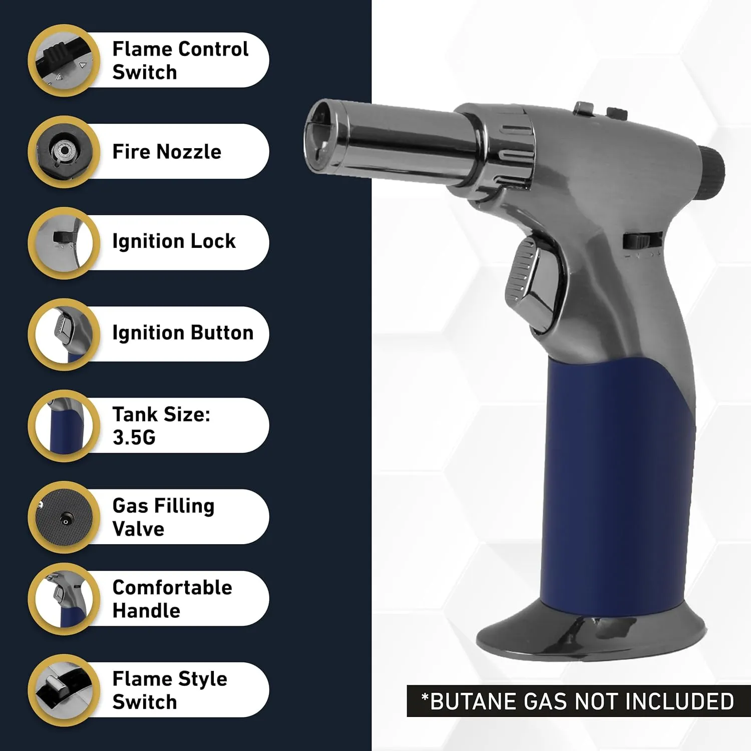 Dual Flame Butane Torch Gun - Refillable Luxury Hand Held Mini Blow Torch for Cooking, Creme Brulee, Soldering, Welding, & Resin Art - Adjustable Flame with Ignition Lock - Steel Blue by inZaynity