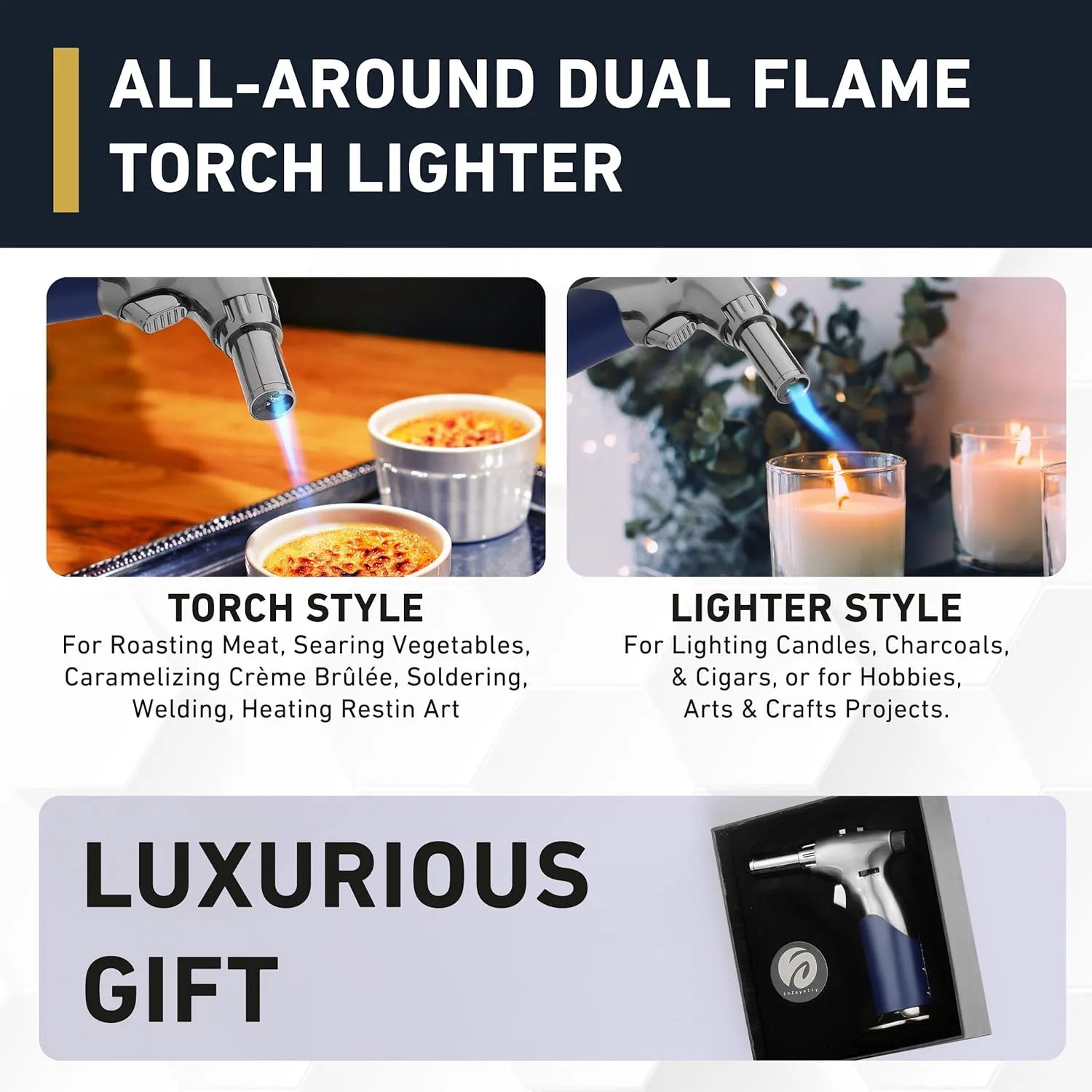 Dual Flame Butane Torch Gun - Refillable Luxury Hand Held Mini Blow Torch for Cooking, Creme Brulee, Soldering, Welding, & Resin Art - Adjustable Flame with Ignition Lock - Steel Blue by inZaynity