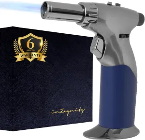 Dual Flame Butane Torch Gun - Refillable Luxury Hand Held Mini Blow Torch for Cooking, Creme Brulee, Soldering, Welding, & Resin Art - Adjustable Flame with Ignition Lock - Steel Blue by inZaynity